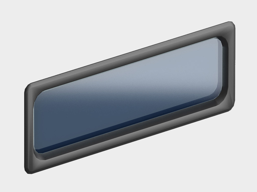 Acrylic window 607 x 202, black (art. DH85602). The special design ensures a tight fit to the door leaf, which protects it from freezing and heat loss. Black edging.